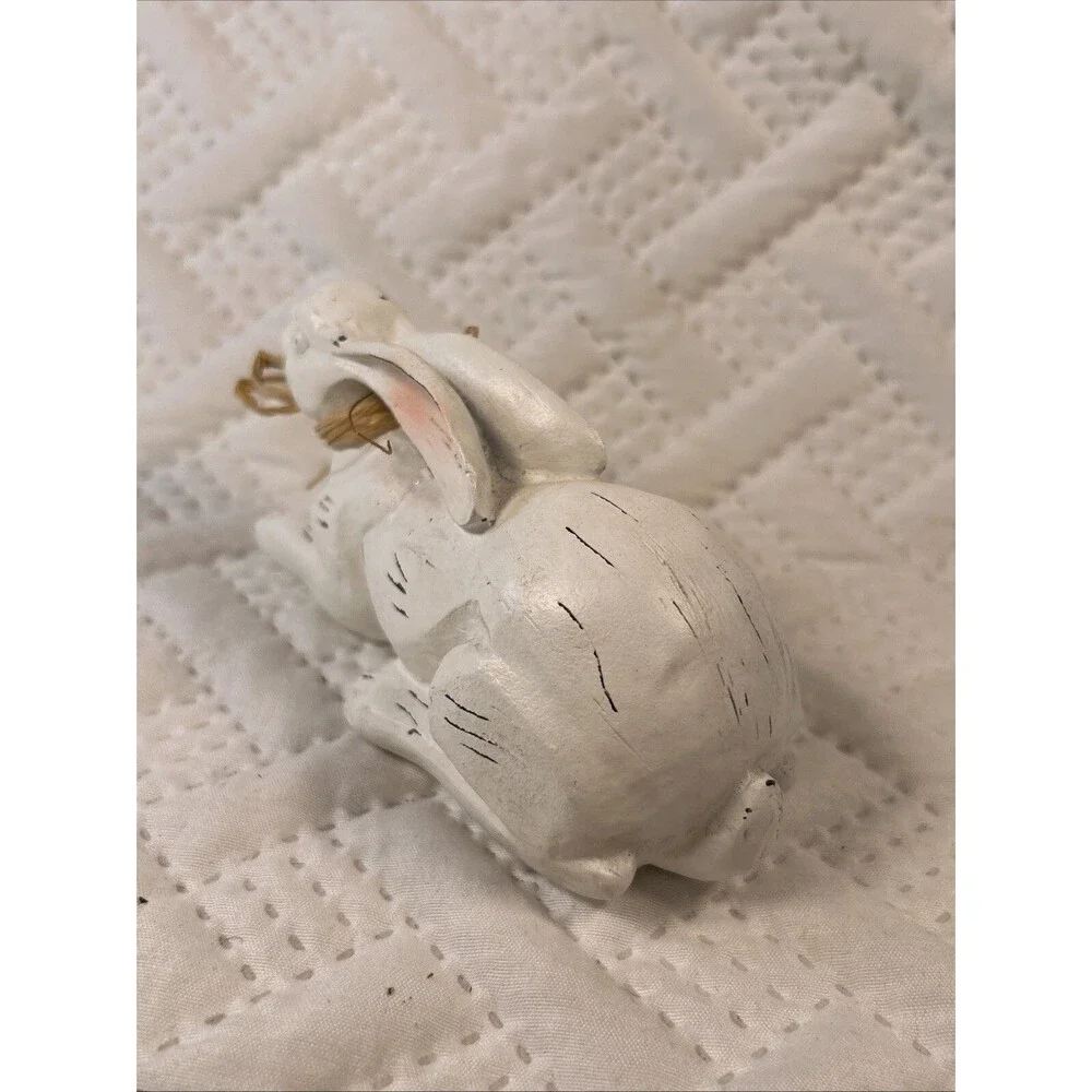 Resting Bunny Rabbit Easter Decor Statue Faux Wood Look Resin Farmhouse Country